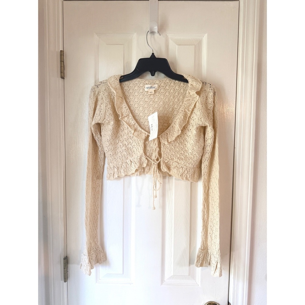 Capittana Addie Cropped Top Swim Cover-Up Ivory Pointelle Ruffle Knit M/L